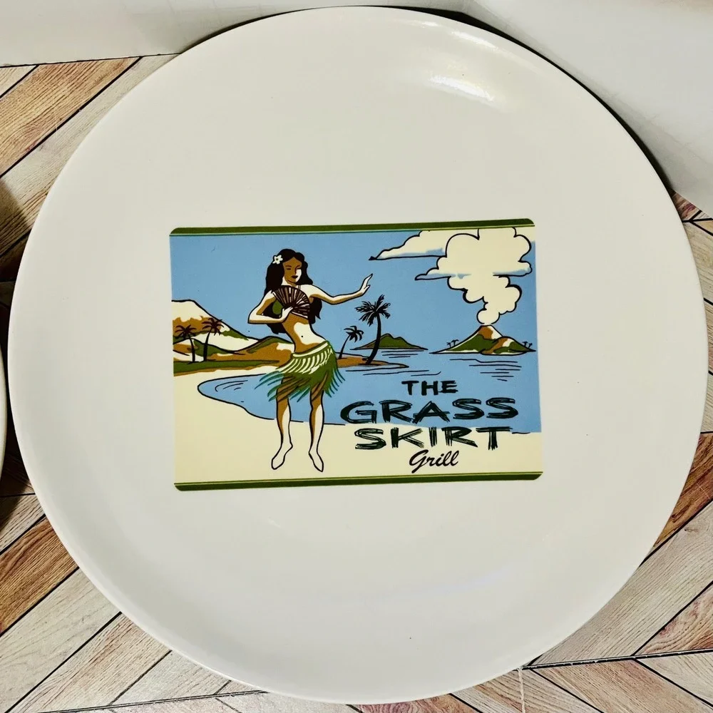 Pottery Barn Aloha Girls Plates Set 2 Hula Tiki Cocktail Recipe Vintage Retro